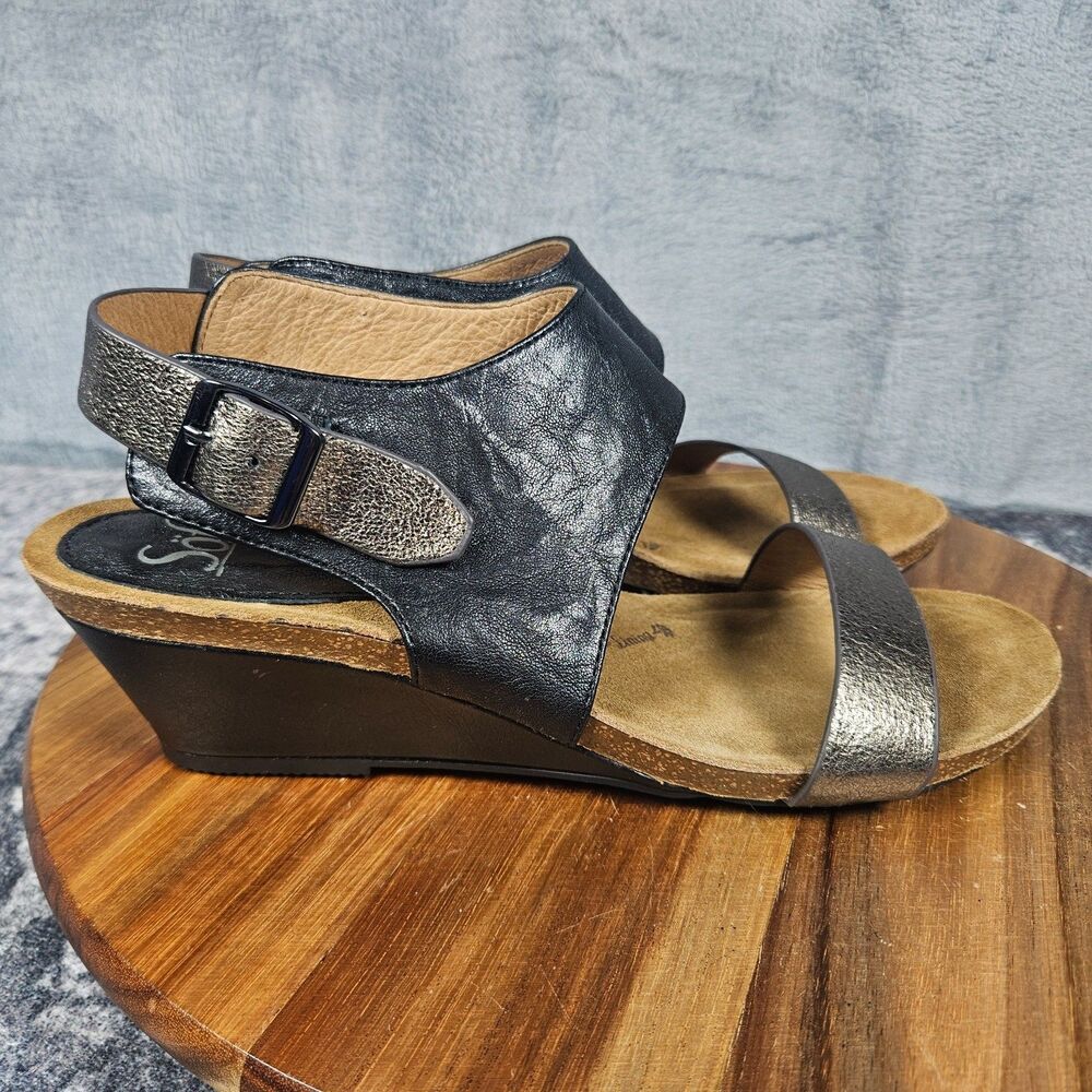 Sofft Vanita Wedge Sandals Womens 9.5 M Black Bronze Leather Buckle Slingback